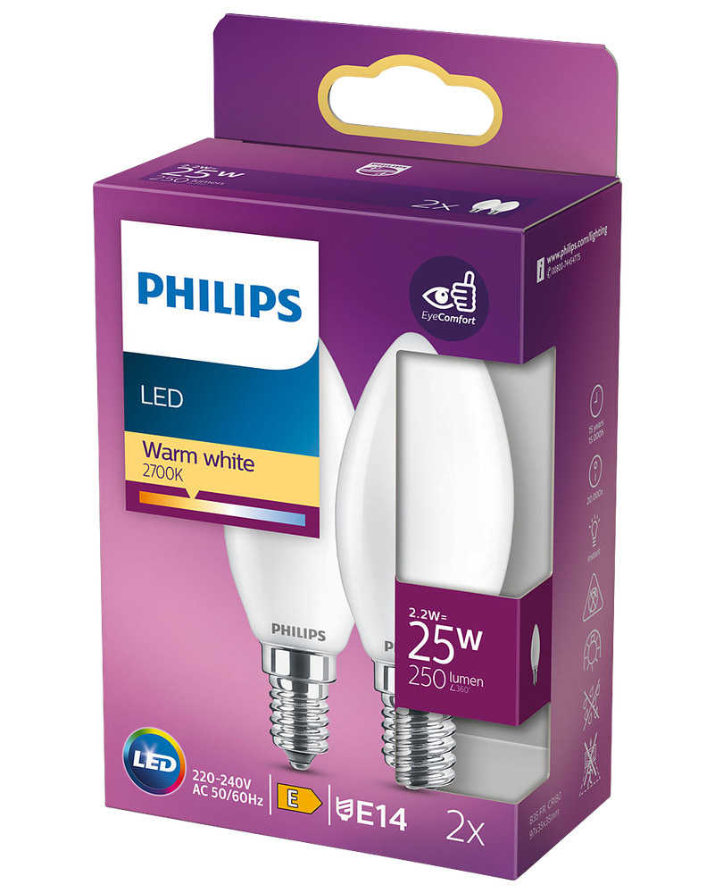 PHILIPS LED-pære 2,2W E14 B35 2-pak