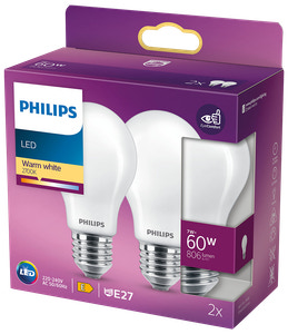 PHILIPS LED normallampa 7W E27 A60 2-pack