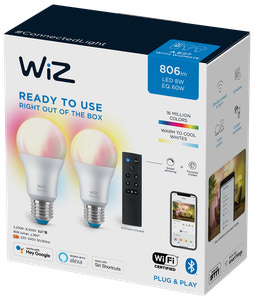 WiZ LED-lampa 8W E27 2-pack A60 + WiZmote