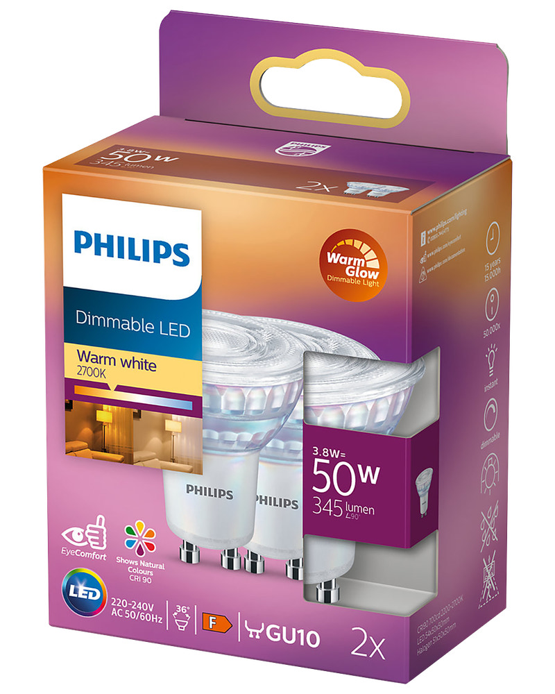 PHILIPS Reflektorlampa 3,8W GU10 dimbar 2-pack