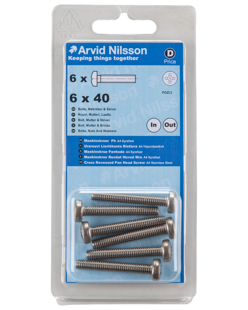 Arvid Nilsson Maskinskrue A4 PH M6 x 40 mm 6-pak