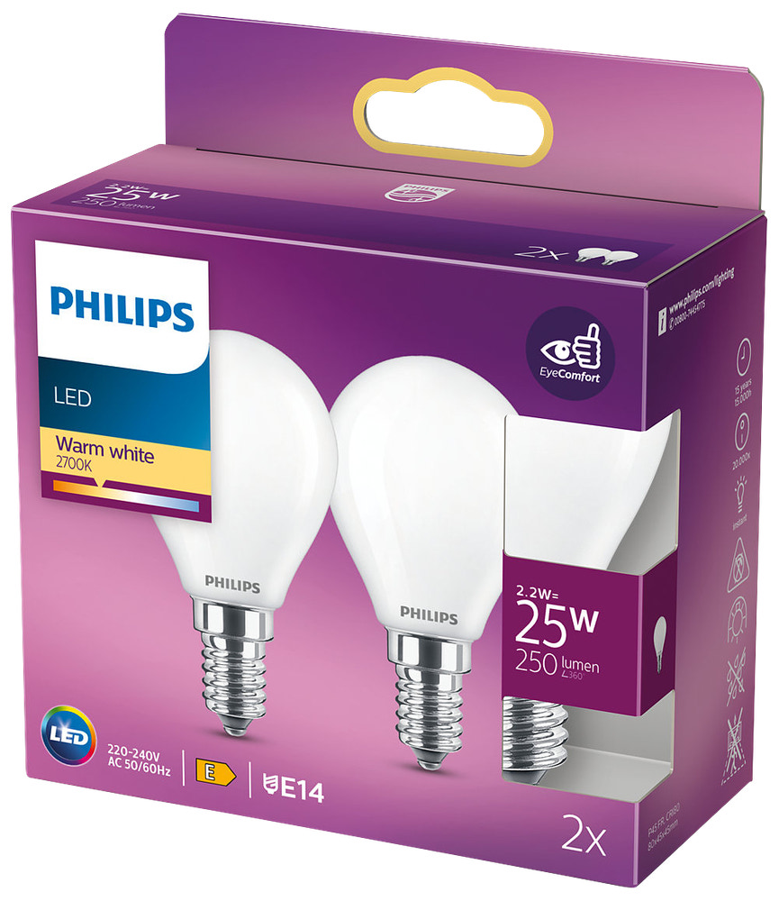 PHILIPS LED klotlampa 2,2W E14 P45 2-pack