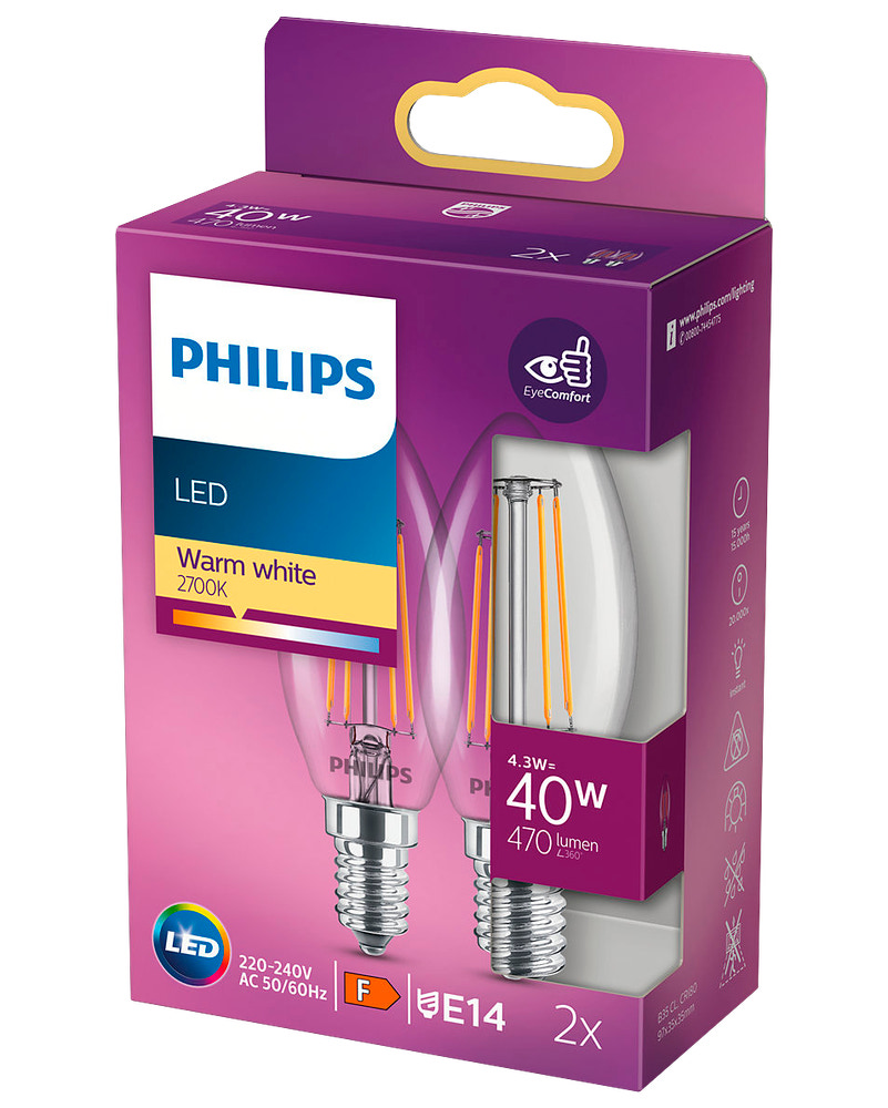 PHILIPS LED kronlampa 4,3W E14 2-pack