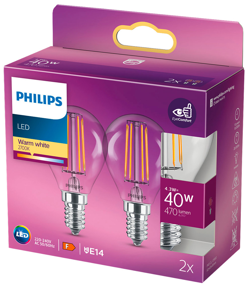 PHILIPS LED klotlampa 4,3W E14 2-pack