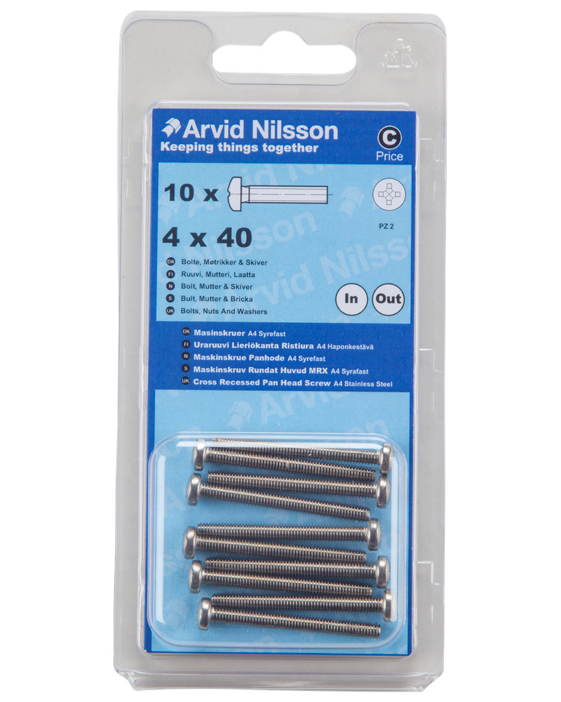 Arvid Nilsson Maskinskrue A4 PH M4 x 40 mm 10-pak