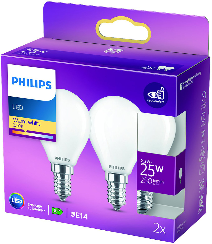 PHILIPS LED klotlampa 2,2W E14 P45 2-pack