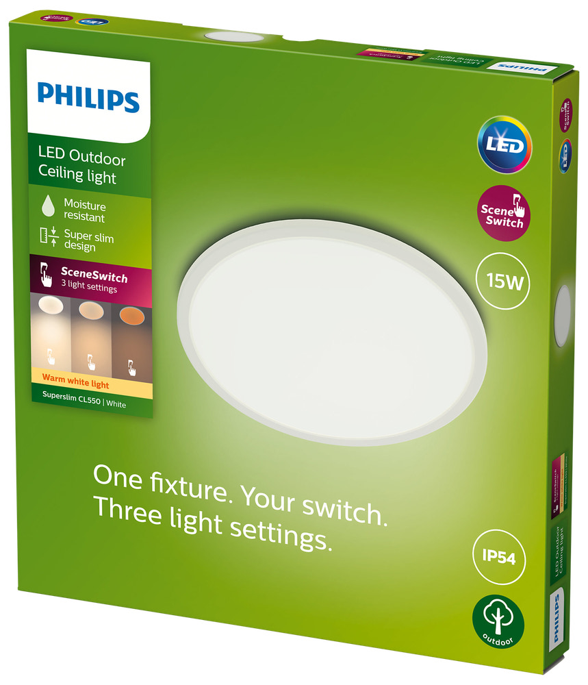 PHILIPS Loftlampe SceneSw. slim Ø25cm 15W IP54 hvid