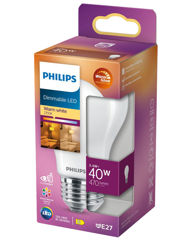 PHILIPS LED normallampa 3,4W E27 A60 dimbar